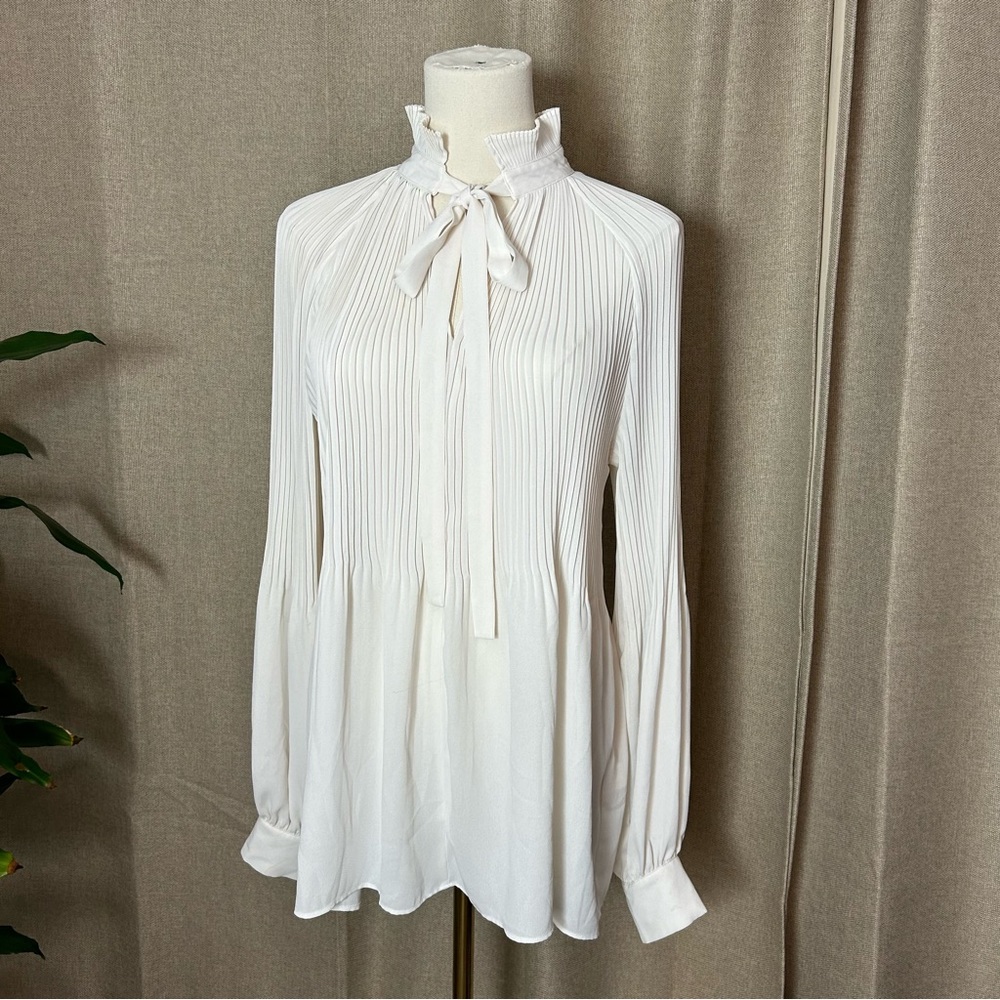 Banana Republic White High Neck Bow Accordion Pleated Long Sleeve Flowy Blouse